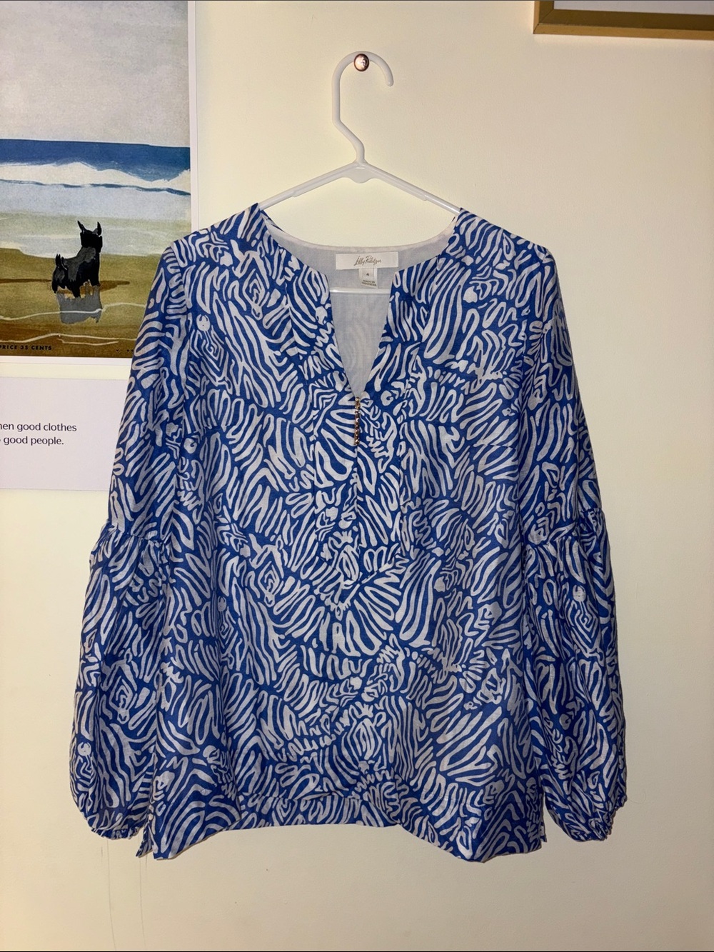 Lilly Pulitzer Printed Zip Front Blouse in Blue & White Size 4